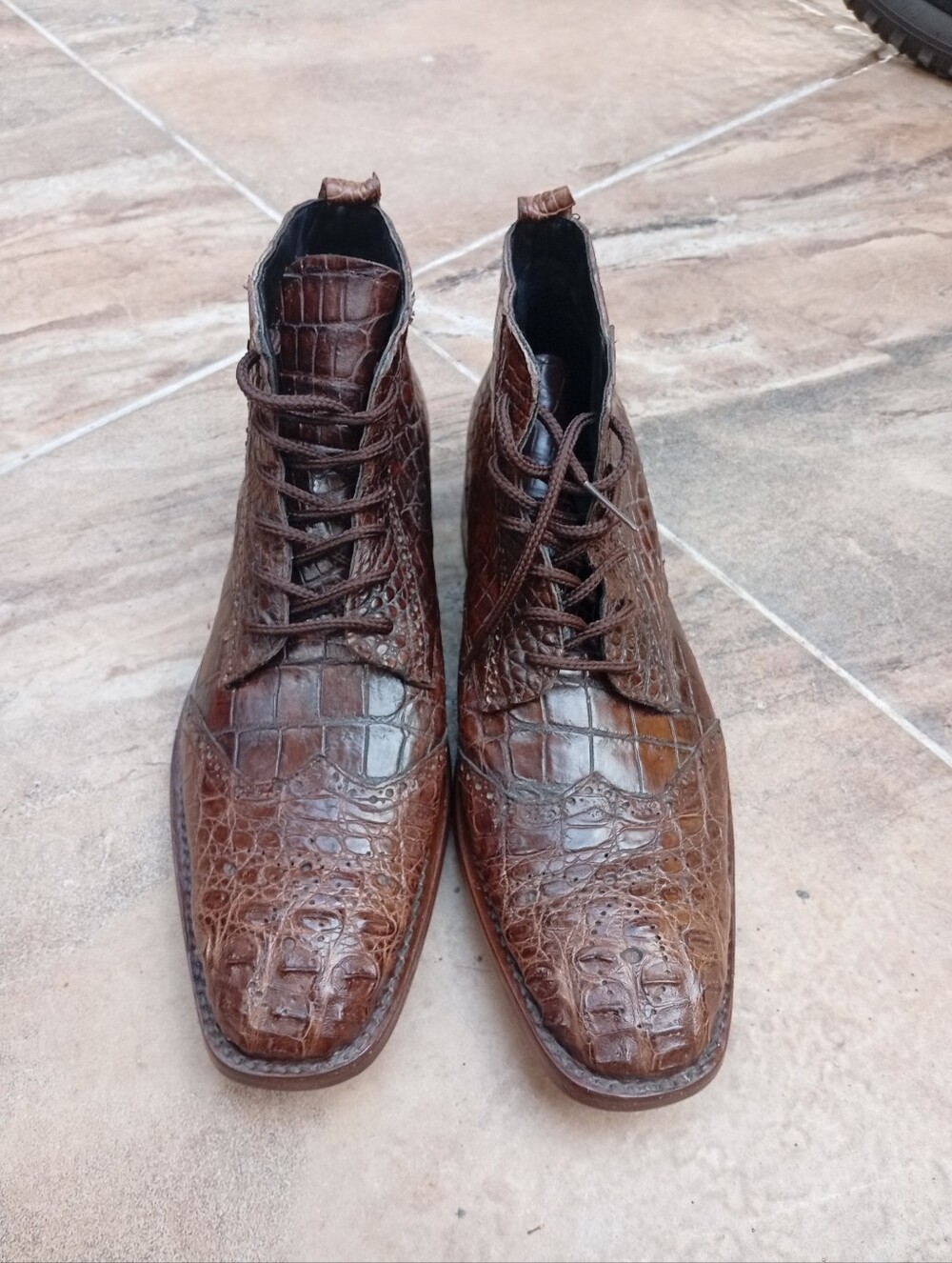 Men's Brown Crocodrile Leather Lace-Up Boots